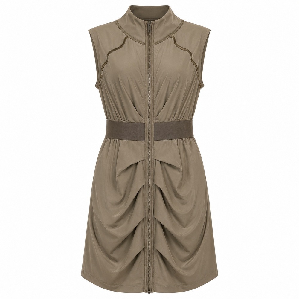Bebe Y2K Metallic Silk Sleeveless Ruched Safari Mini Dress Tan S